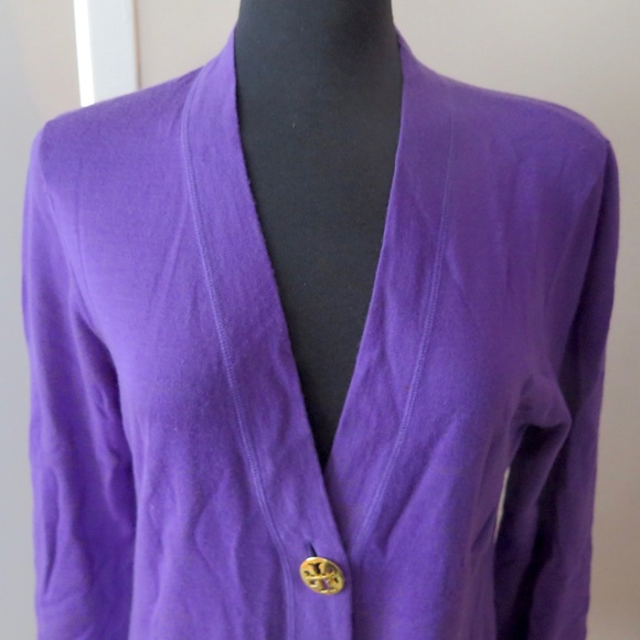 Purple Tory Burch Merino Cardigan, Gold Logo Buttons - Picture 2 of 9